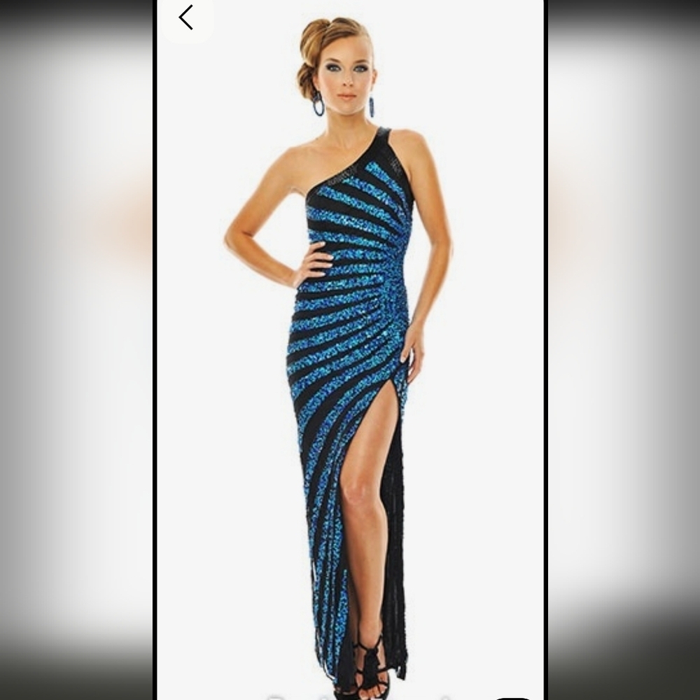 Vintage Precious Formals Blue And Black Side Burst One Shoulder Dress Sz 4